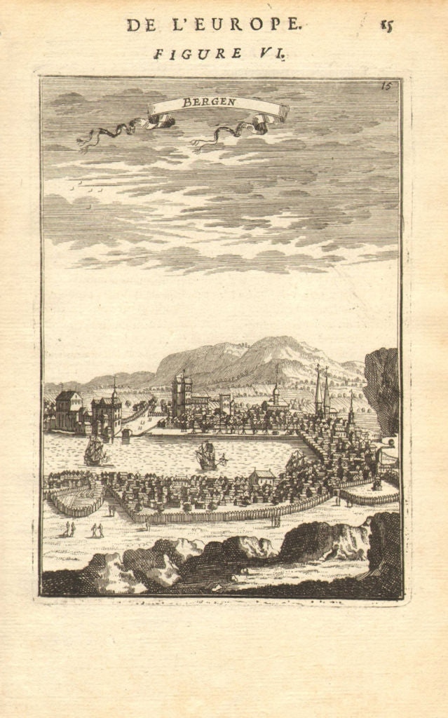 BERGEN. Decorative view of the town & port of Bergen, Norway. Ships. MALLET 1683